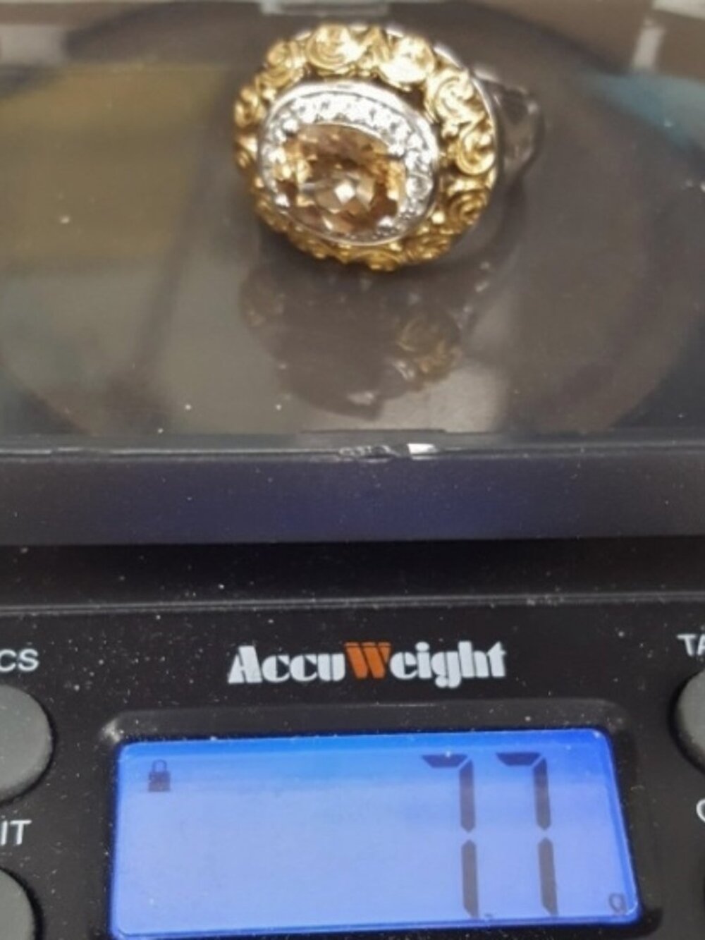 Gold Over 925 Two-Tone Ornate Heavy Filigree Citrine and CZ's  Statement Ring - Picture 4 of 4